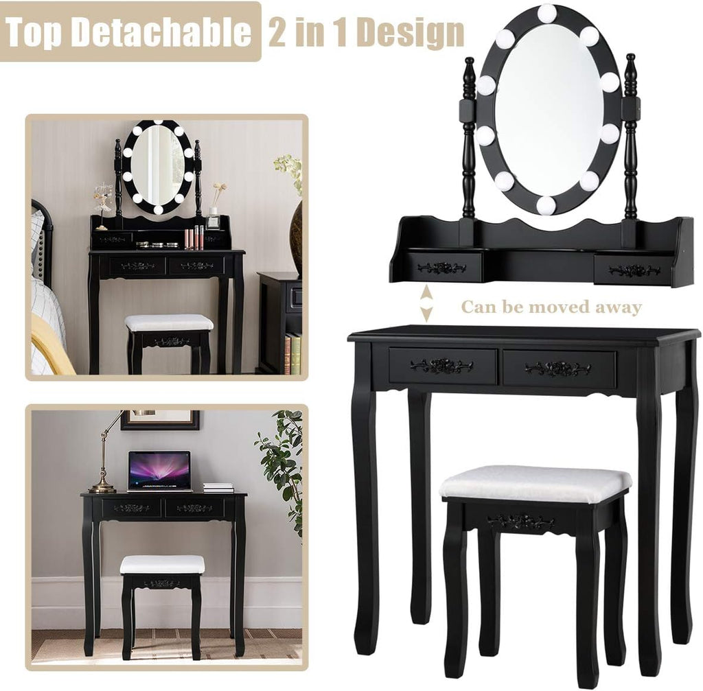 DORTALA Vanity Table Set, Makeup Dressing Table with 10 Dimmable Bulbs Lighted Mirror & 4 Drawers, Cushioned Stool, Solid Wood Leg, Classic Dressing Table Set for Home, Salon, Black