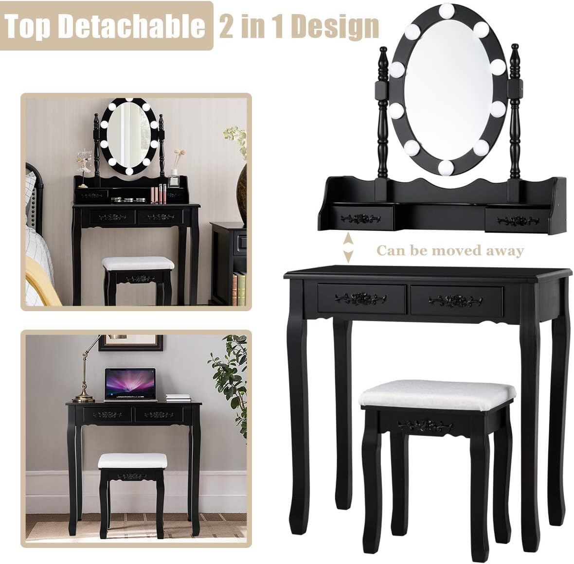 DORTALA Vanity Table Set, Makeup Dressing Table with 10 Dimmable Bulbs Lighted Mirror & 4 Drawers, Cushioned Stool, Solid Wood Leg, Classic Dressing Table Set for Home, Salon, Black