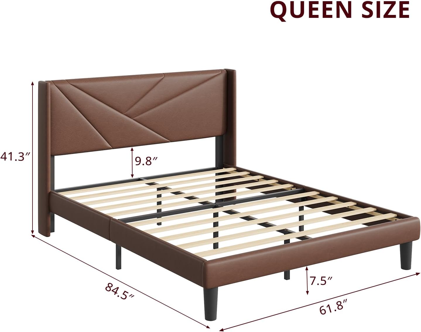 Queen Size Bed Frame with Upholstered Wingback Headboard, Easy Assemnly Platform Bed and Heavy Duty Wooden Slats Support, Noise-Free, No Box Spring Needed (Dark Brown, Queen)