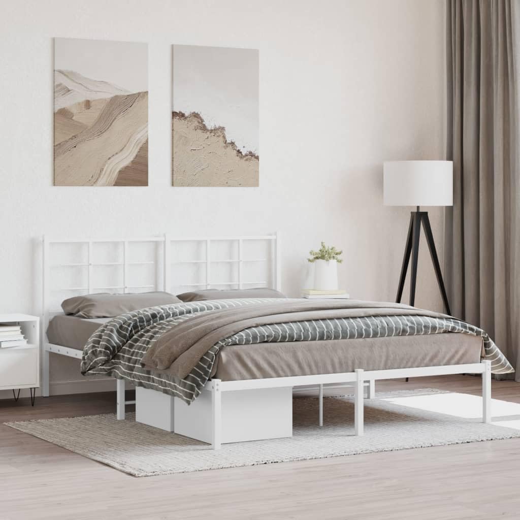 King Size Bed Frame with Headboard, White Powder-Coated Steel, 4-Piece Set, Modern Minimalist Design, Durable Construction, Storage Solutions, Breathable Material, Easy
