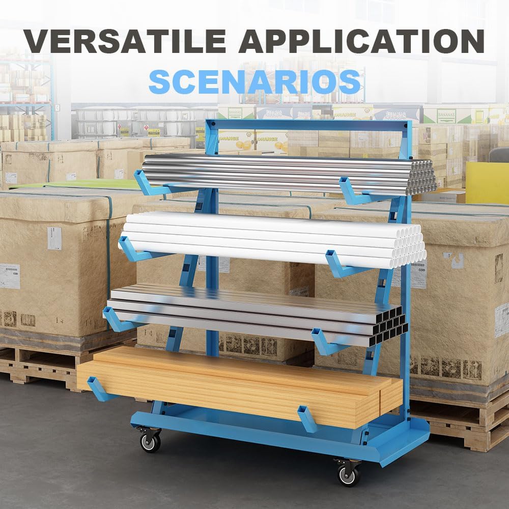 Yeeoy Rolling Horizontal Rack Pedestal with Wheels, Heavy Duty Pipe Rack Cart, Mobile Platform Base Industrial Bar Cradle Cart for Warehouse Garage Workshop Transportation, Blue