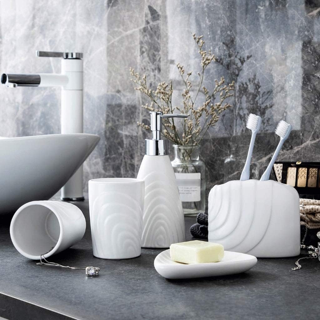 Vanity Bathroom Decor, White Ceramic Bathroom Accessory Set 5 Pieces Bathroom Set Including Soap Dispenser Toothbrush Holder Soap Dish Housewarming Gift(A)