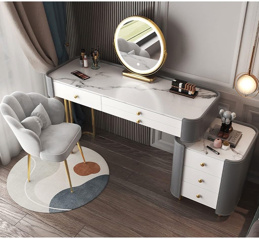 Vanity Benches Dresser Bedroom Modern Minimalist Retractable Dresser with Side Cabinet, LED Round Mirror, Dressing Stool, Multiple Drawers (Color : A)