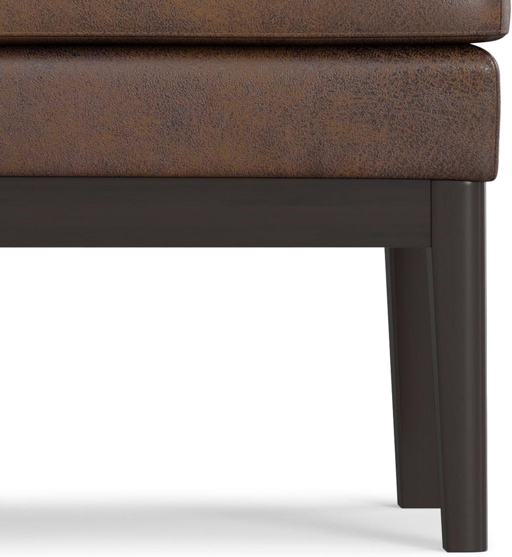SIMPLIHOME Carlson Ottoman Bench - 45 inch Wide Upholstered Vegan Leather Rectangle Ottoman in Distressed Chestnut Brown, Mid Century Modern Bench for Bedroom or Living Room with Padded Seat