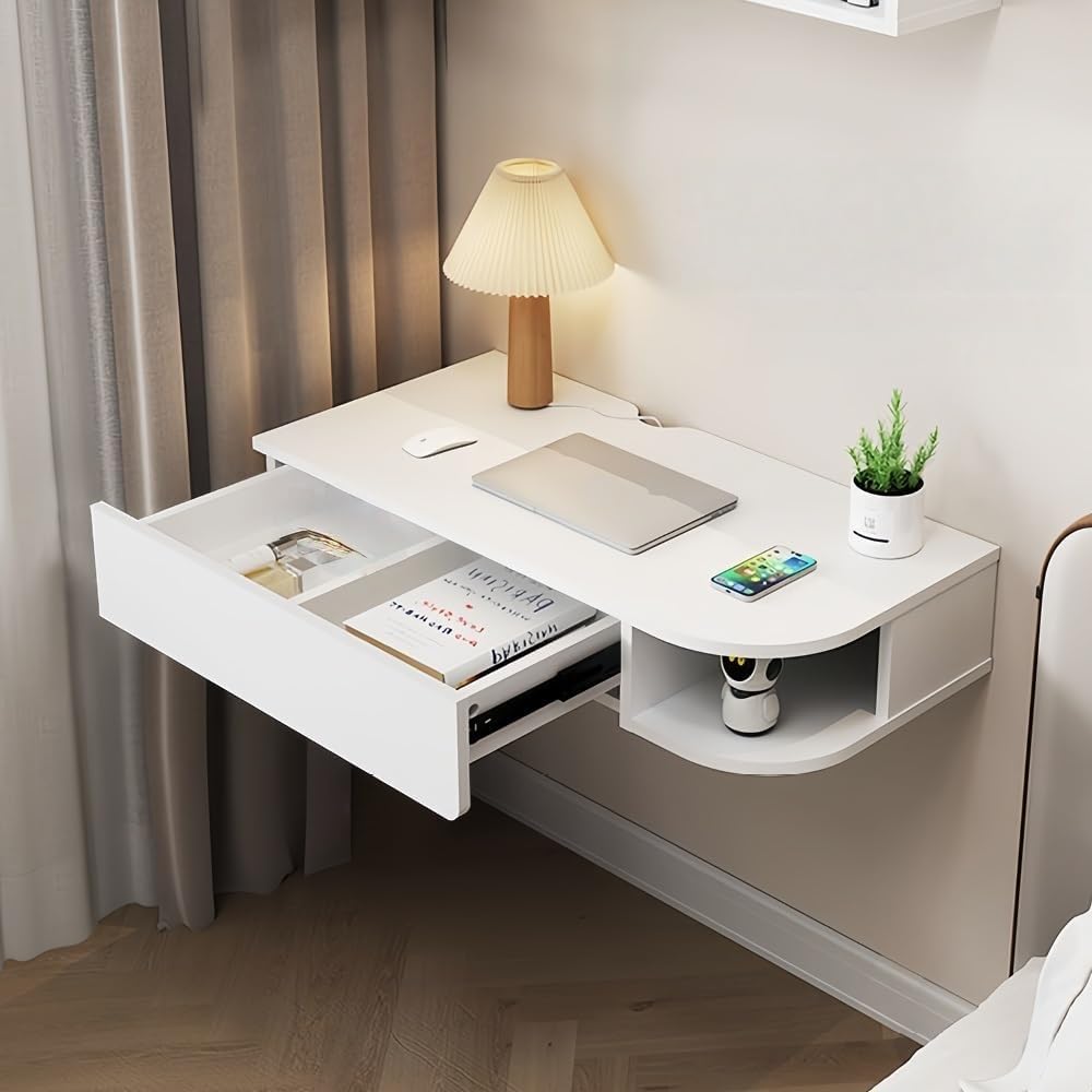 Wall-Mounted Desk with Storage Drawers Hanging Corner Vanity Table Wooden Computer Table Adjustable Bookshelf for Home Offices Space Saver(Gray Right,120 cm)