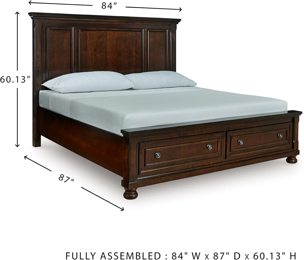 Signature Design by Ashley Porter Traditional 2-Drawer California King Panel Platform Storage Bed with Bun Feet, Foundation or Box Spring Not Needed, Dark Brown
