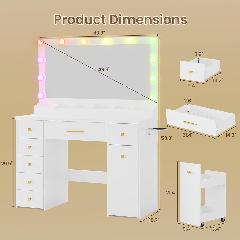 LAKEMID White Vanity Desk with Mirror and Lights, Makeup Vanity Table with Outlet and 8 Drawers,Makeup Table with 20 Color RGB Led Lights,Dressing Table for Bedroom Women