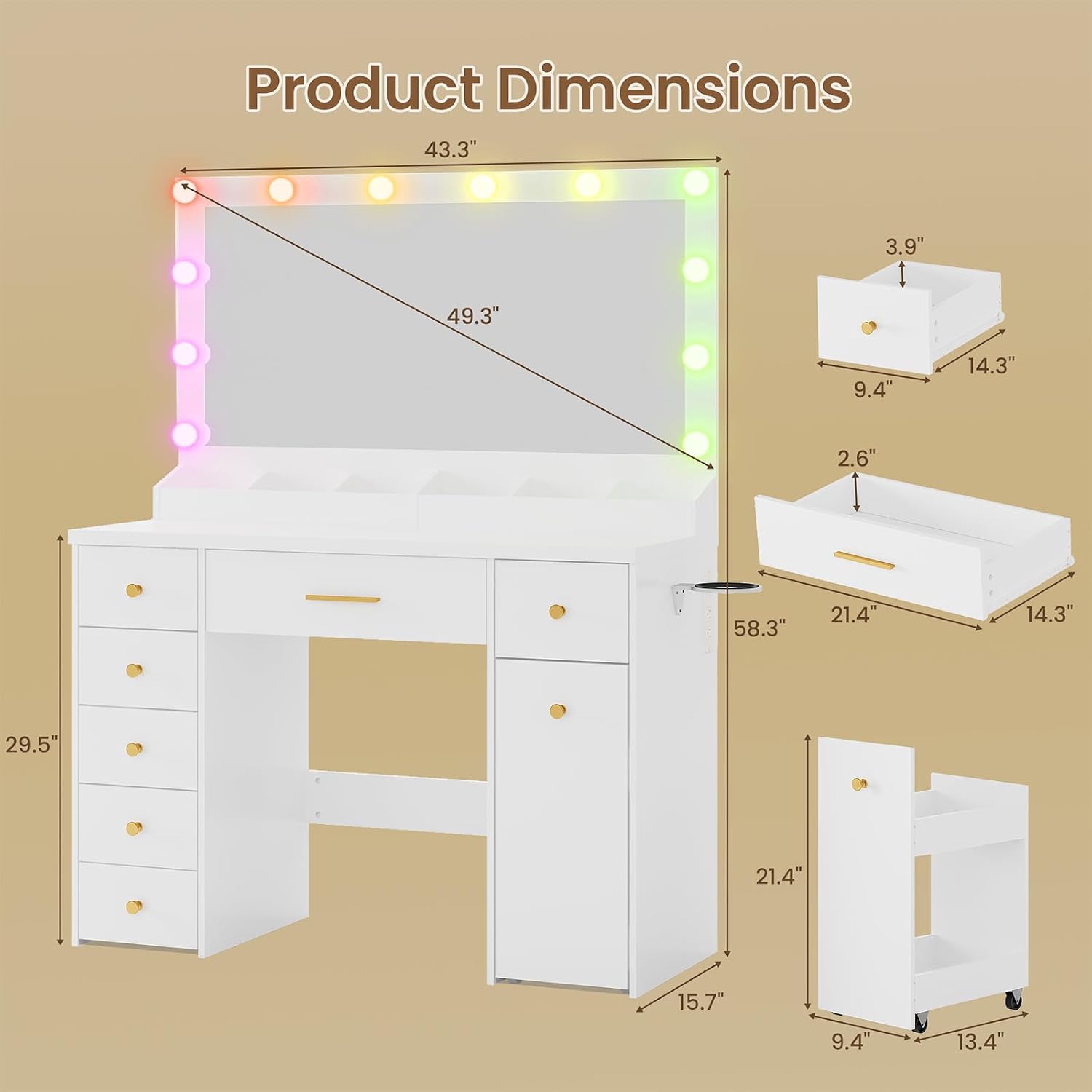 LAKEMID White Vanity Desk with Mirror and Lights, Makeup Vanity Table with Outlet and 8 Drawers,Makeup Table with 20 Color RGB Led Lights,Dressing Table for Bedroom Women