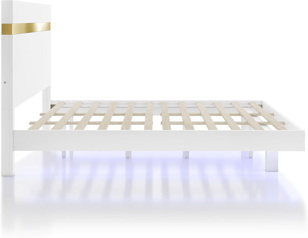 Furniture of America Ansten Modern Wood 6-Piece Platform Bedroom Set with Gold Trim, Underbed LED, Dust Proof Cases, Bracketed Metal Legs, No Box Spring Needed, Twin, White