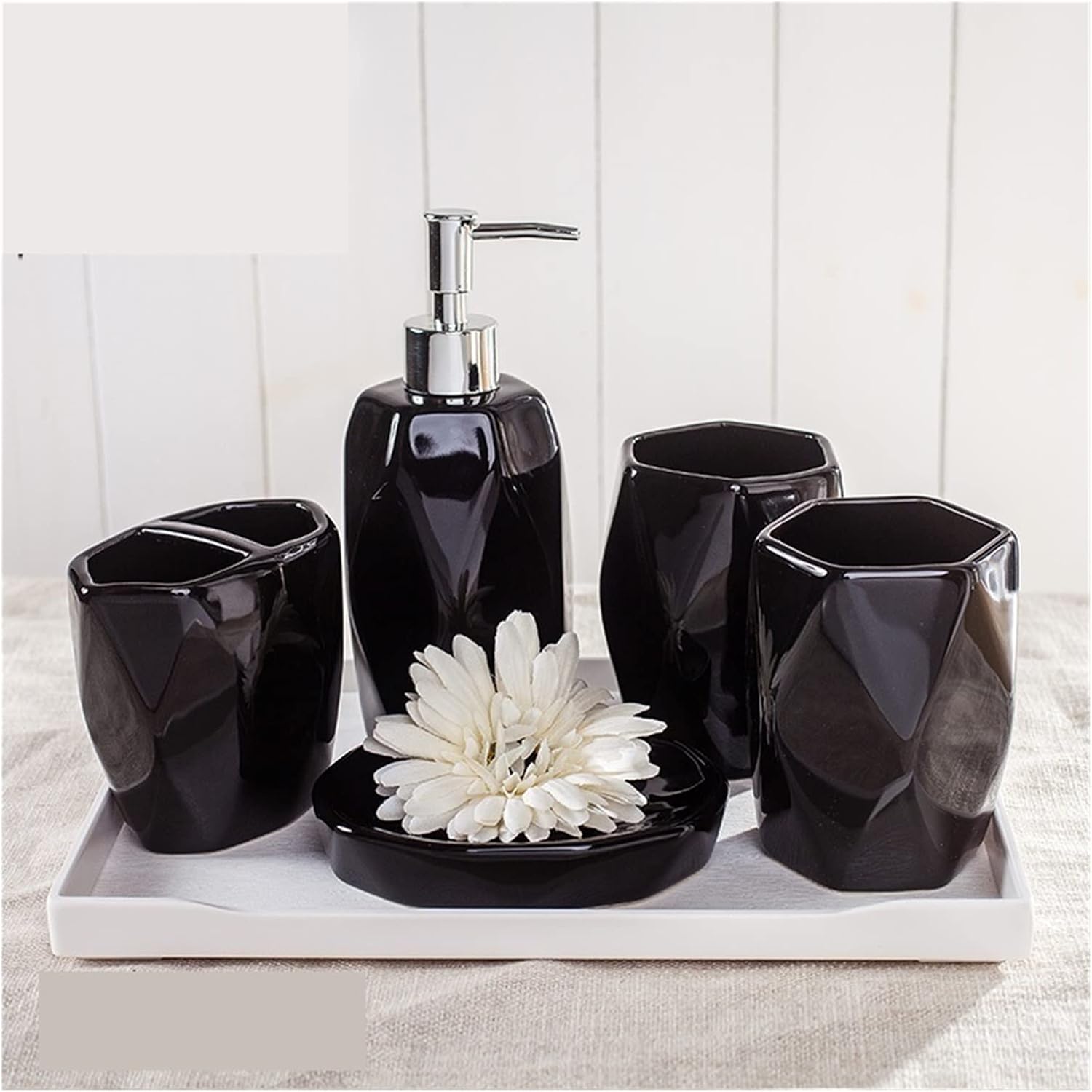 Vanity Bathroom Decor, Ceramic Soap Dispenser Round Bathroom Accessories Set 5 Pieces Toothbrush Holder Mouthwash Cups Soap Dish Housewarming Gift(Black,6 Pieces)