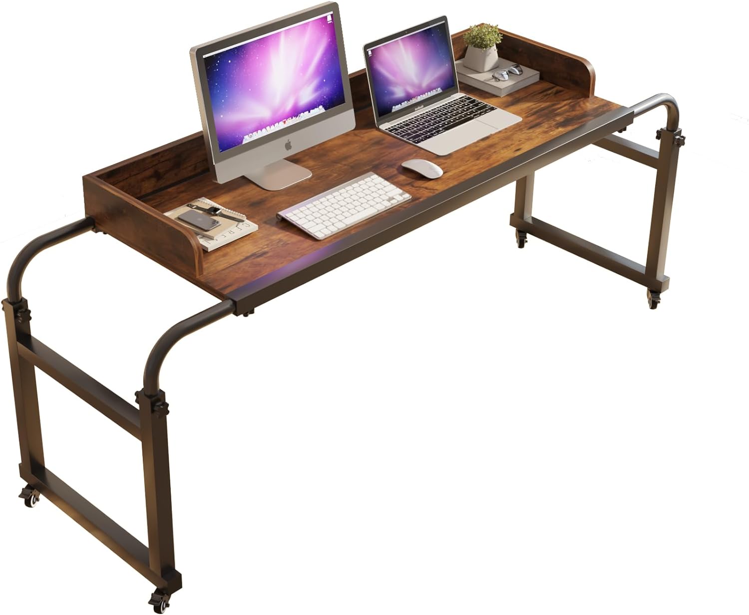 TigerDad Overbed Table with Wheels, Modern Style, Brown, 55.1-82.7x25.6x18.1 inches, 350lbs Weight Capacity