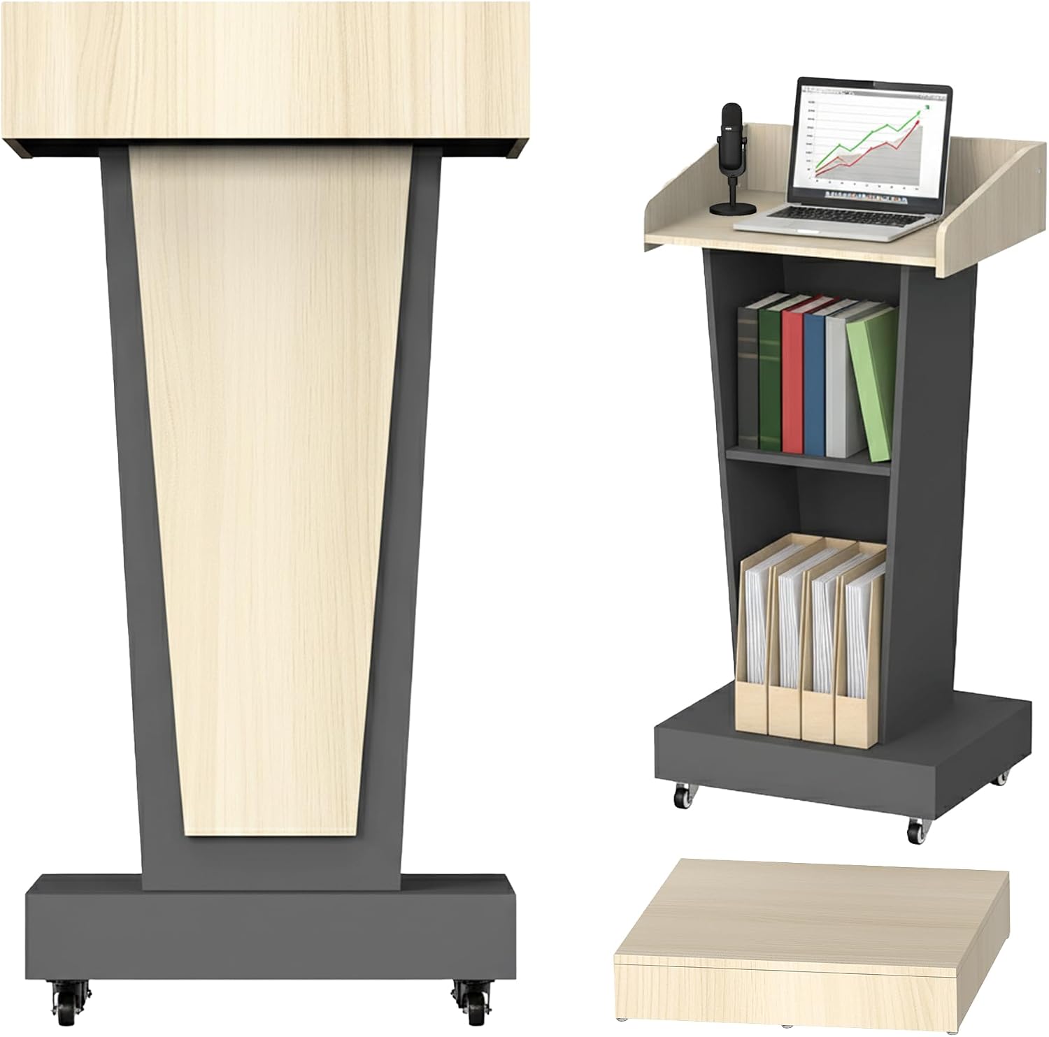 Rolling Podium Stand with Mobile Footrest - 44.3' Ergonomic Lectern for Church, Classroom, Office - Heavy-Duty Locking Wheels, Dual Storage Shelves, Cable Management, Light Wood & Black