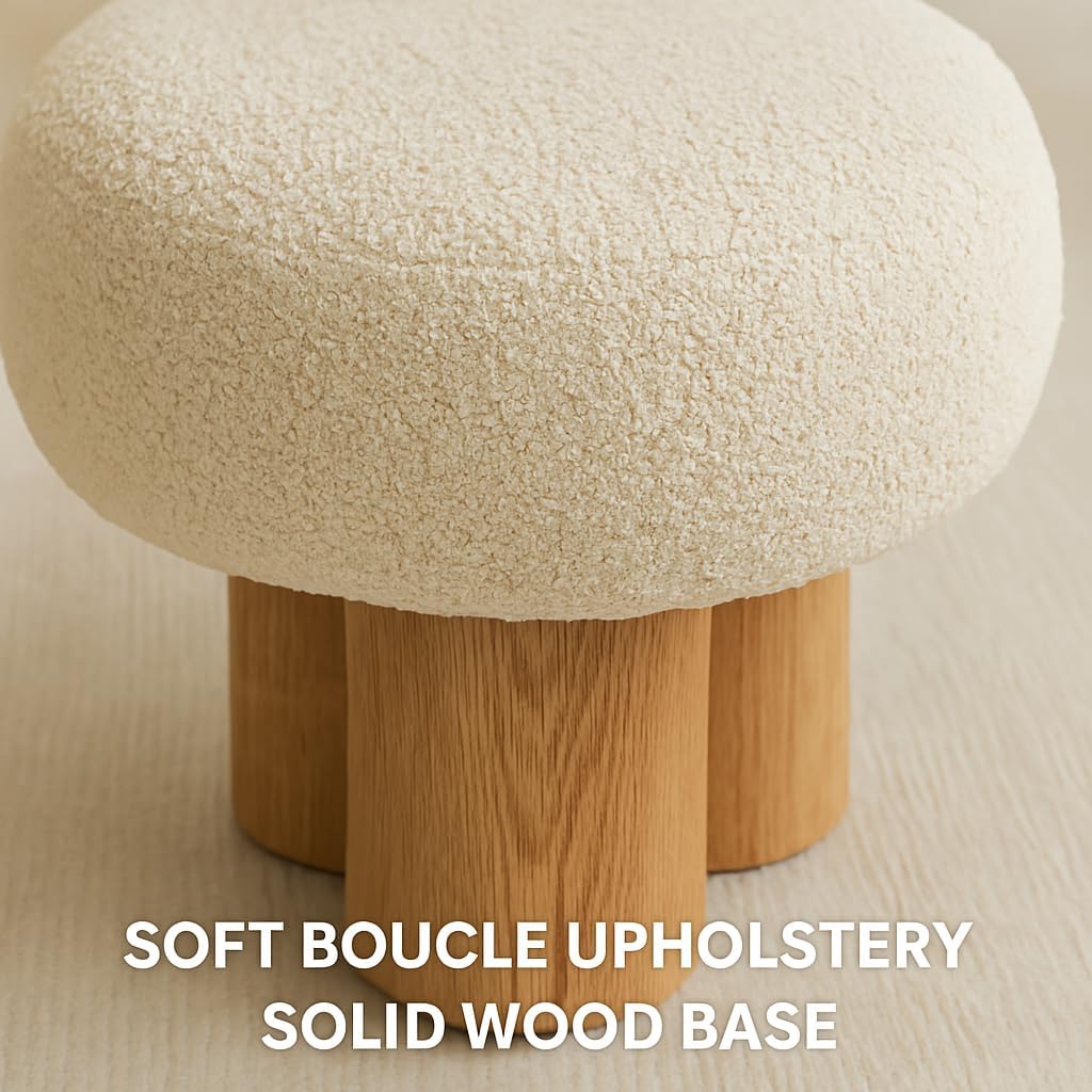 Living Room Ottoman Foot Stool, 17' Round Mid Century Modern Ottoman with Bouclé Teddy Fabric & Solid Wood Legs, Entryway Foot Rest for Couch, Vanity Seat, Bedroom Bench(Wood)