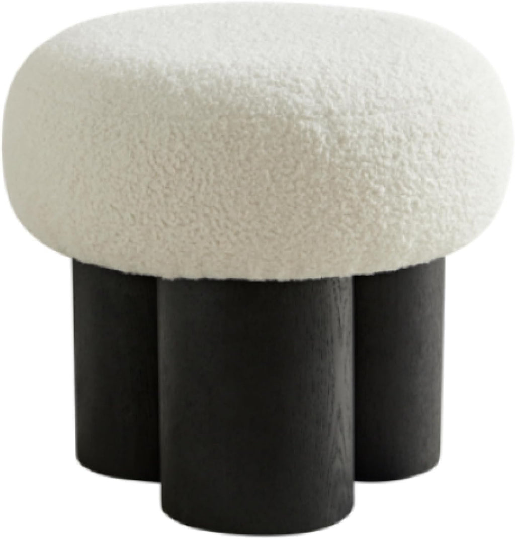 Mushroom Ottoman Stool with Teddy Fabric Upholstery, Round Foot Rest Seat, Walnut Veneer Look Barrel Base, Accent Vanity Seating for Entryway Living Room Bedroom Sofa Side Corner Decor (Black)