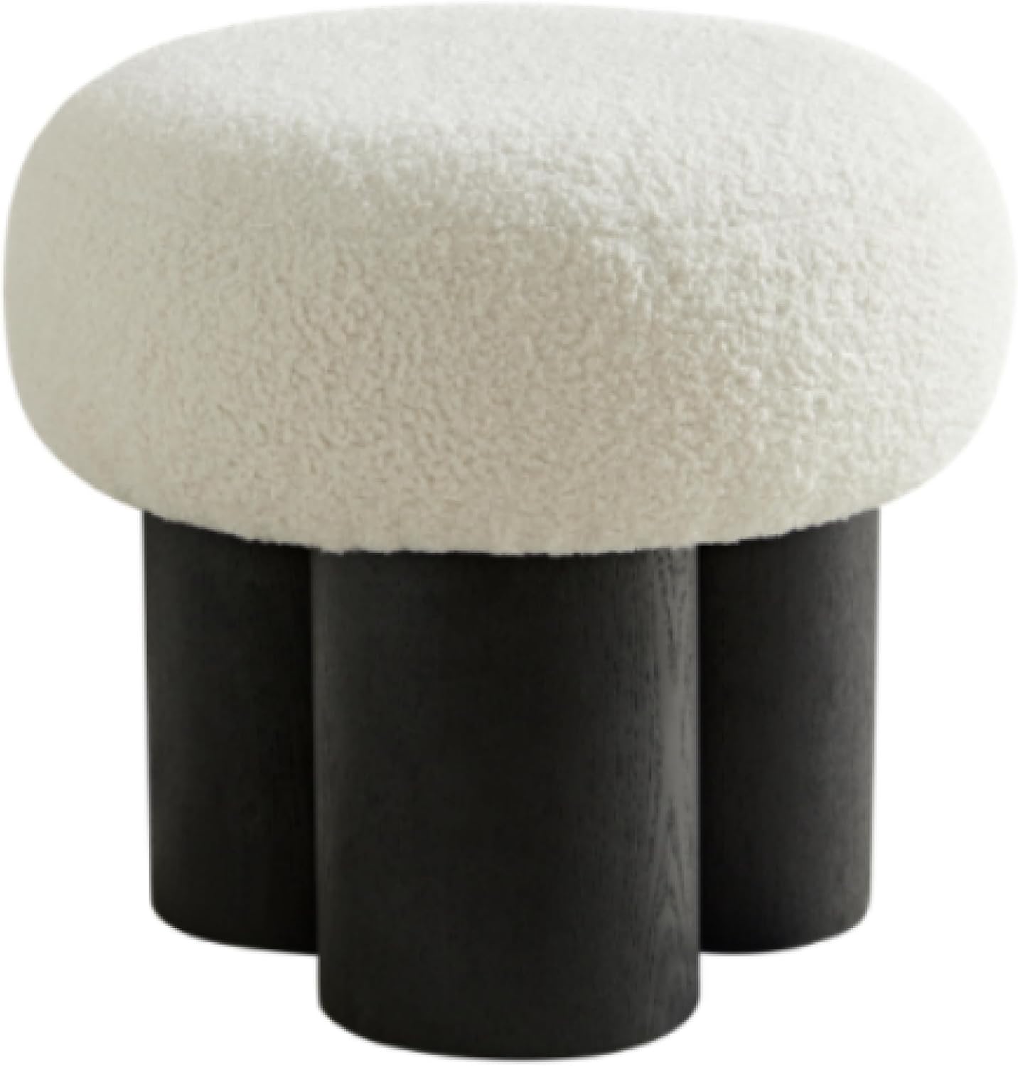 Mushroom Ottoman Stool with Teddy Fabric Upholstery, Round Foot Rest Seat, Walnut Veneer Look Barrel Base, Accent Vanity Seating for Entryway Living Room Bedroom Sofa Side Corner Decor (Black)