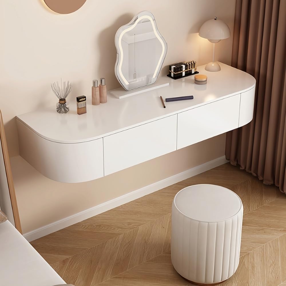Hanging Vanity Table with Storage Drawers Floating Corner Dressing Desk Wooden Wall-Mounted Desk for Room Small Spaces Heavy Duty(White Left,100 cm)