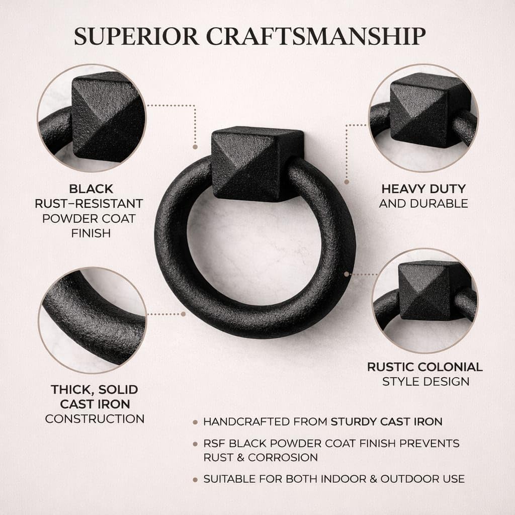 Renovators Supply Manufacturing Black Cast Iron Mission Cabinet Ring Pull Swing Handle Antique Drop Style 2 in. RSF Rust-Resistant Powder Coat Finish Pack of 12