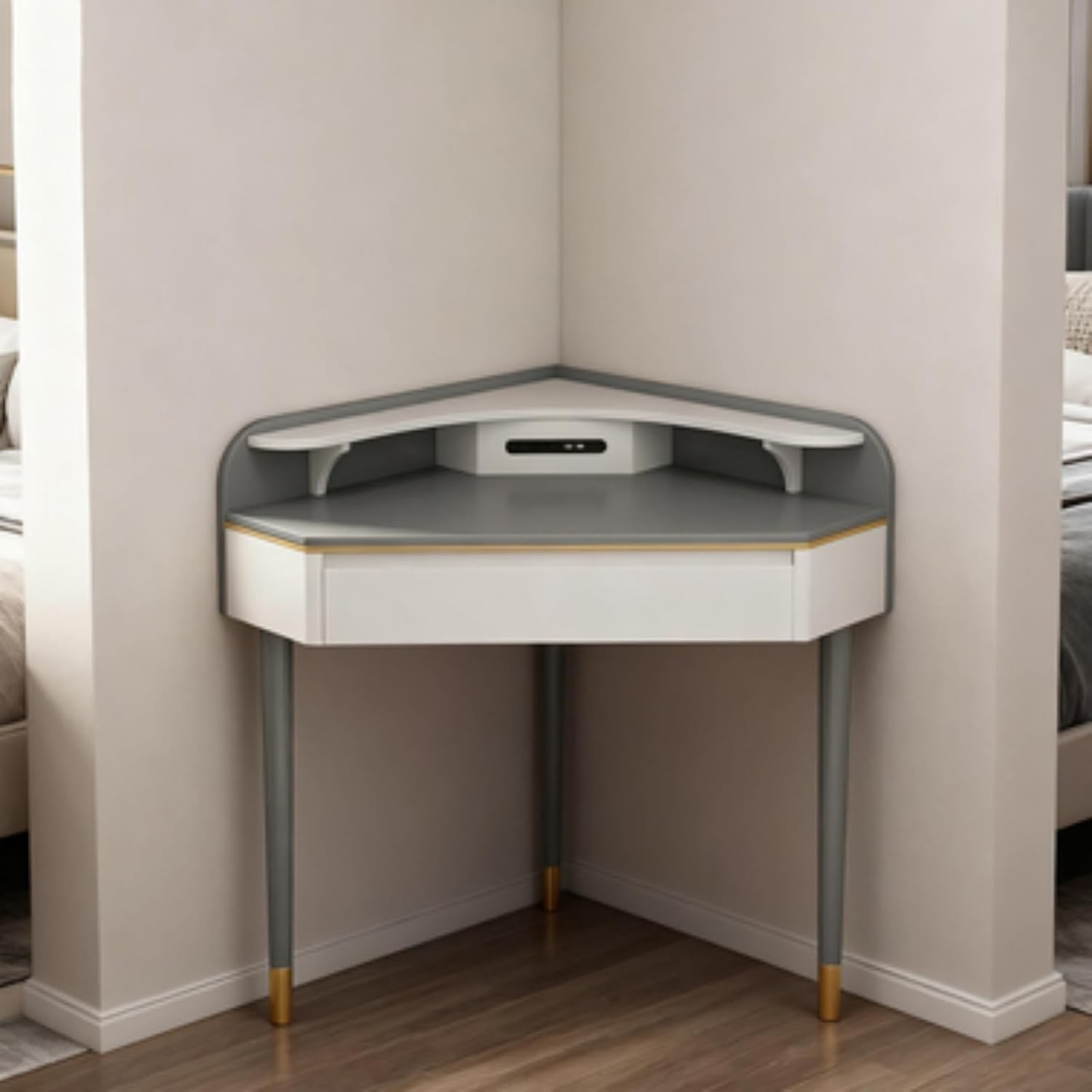 Corner Vanity Desk, Modern L-Shaped Vanity Table,Storage Trunks with USB Ports and Drawers, Compact Dressing Table for Bedroom Beauty Salon, Nail Salon (Gray)(Medium)