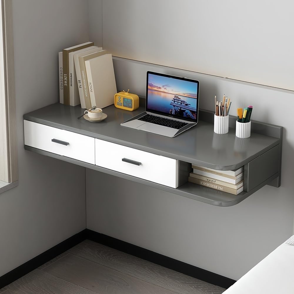 Floating Writing Desk with Storage Drawers Wall-Mounted Computer Table Hanging Corner Vanity Table Rounded Corners for Room Heavy Duty(Gray Right,100 cm)