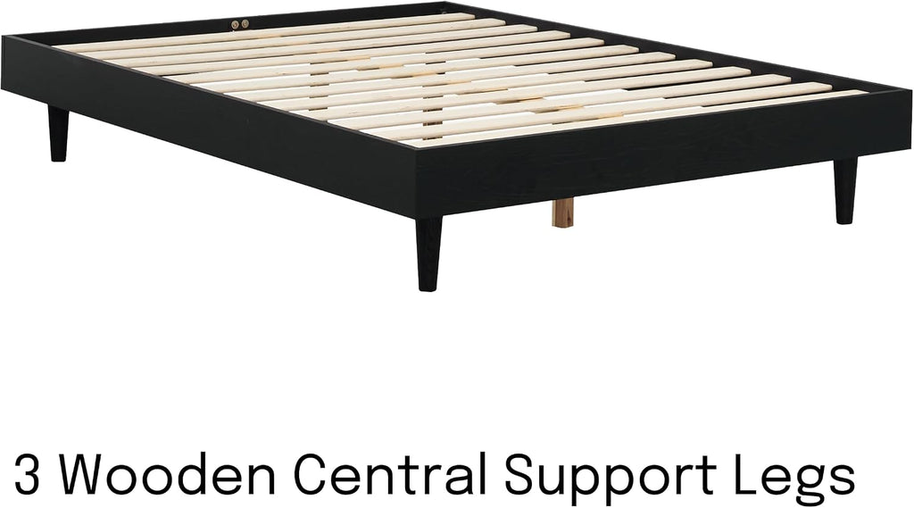 NTC Fly Wooden Bed Frame Without Headboard, Solid Wood Foundation with Silent Slats and Wood Central Supports, 1000 Lb Capacity, Effortless Assembly, Full - Burnt Black