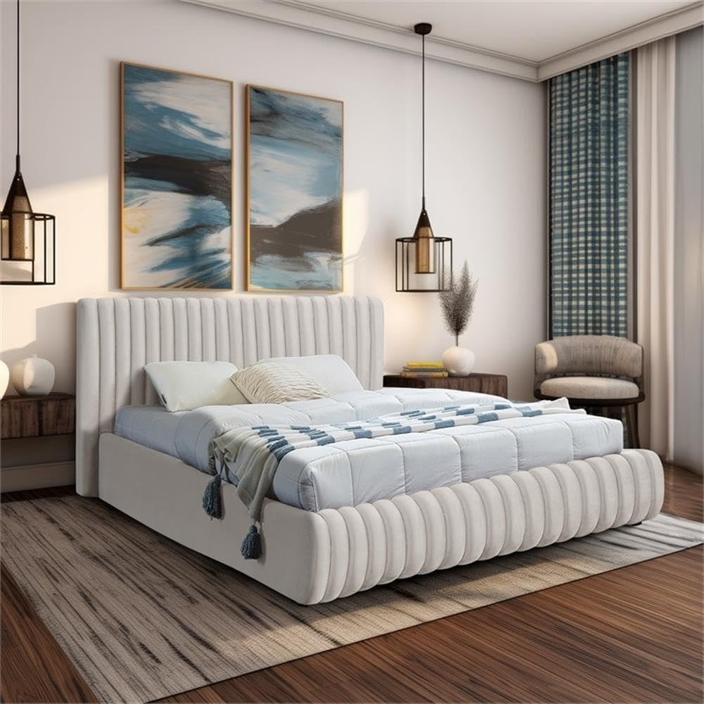 Pemberly Row King Bed, Cream Velvet Upholstery, Deep Channel Tufted Headboard and Footboard, Contemporary Transitional Design, Sturdy Construction, 89' W x 91' D x 38' H for Bedroom Decor