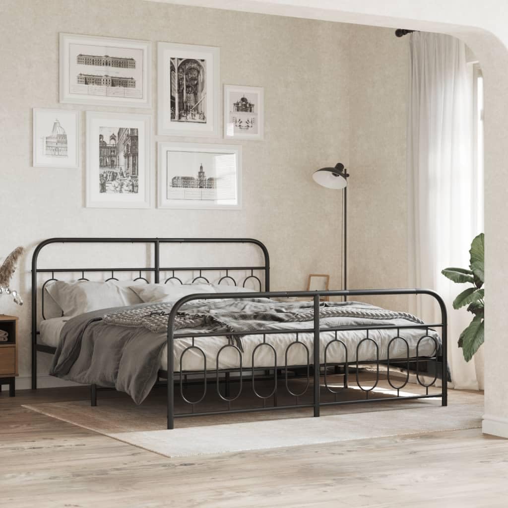 King Size Bed Frame Metal Bedframe with Footboard Black 76'x79.9' Steel Platform Bed Base with Storage Space Underneath Sturdy Construction for Bedroom Furniture
