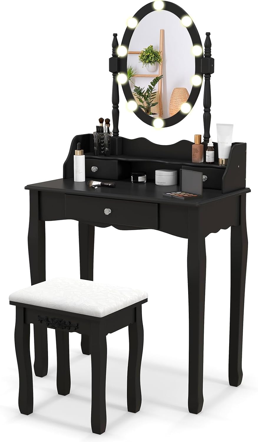 GOFLAME Vanity Table Set with Rotatable Mirror, Makeup Vanity Desk with 3-Color Dimmable LED Lights, 3 Drawers and Cushioned Stool, Dressing Table Set for Bedroom Studio (Black)