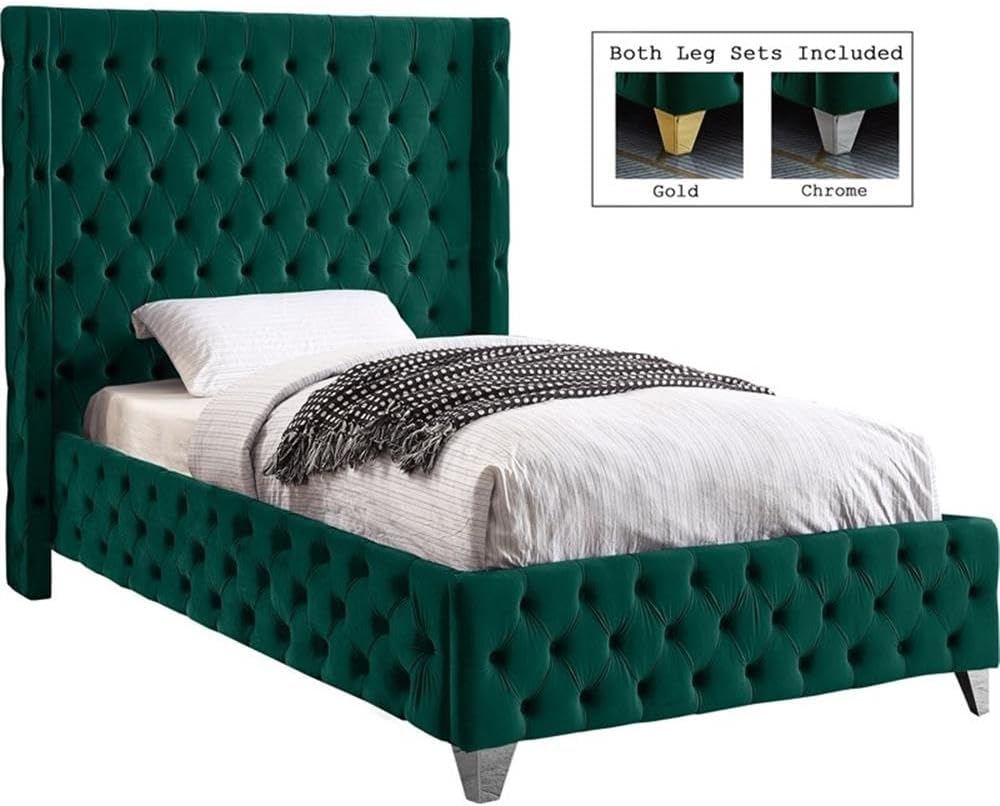 Meridian Furniture SavanGreen-T Savan Collection Modern | Contemporary Velvet Upholstered Bed with Deep Button Tufting in Gold or Chrome Finish, 50' W x 81' D x 56' H, Green, Twin