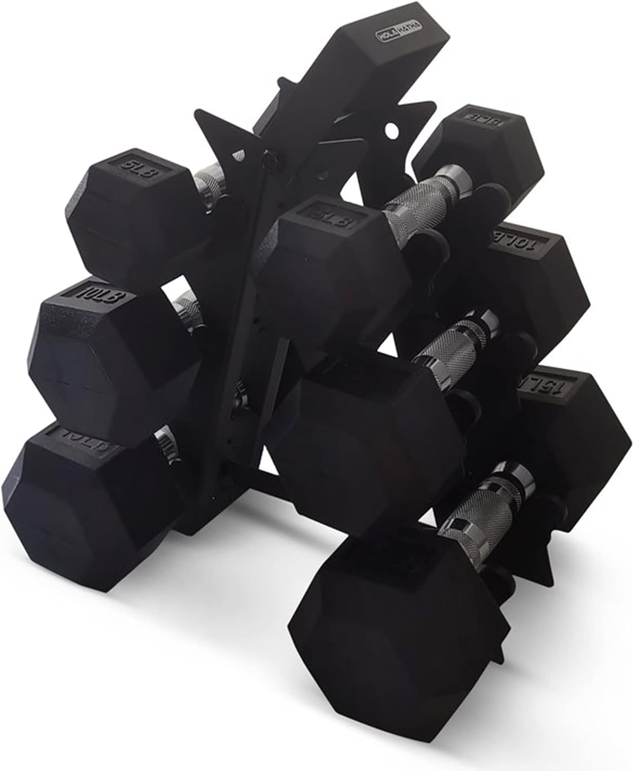 HolaHatha Hexagonal Dumbbell Free Hand Weight Set w/Rack