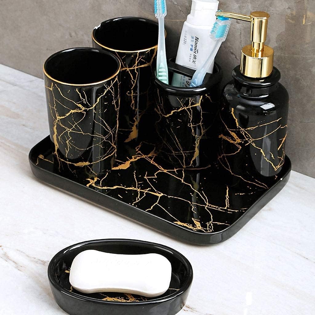 Vanity Bathroom Decor, Nordic Ceramics Bathroom Accessories Set Imitation Marble Toothbrush Holder Soap Dispenser Cup Soap Dish Housewarming Gift(Black,6pcs)