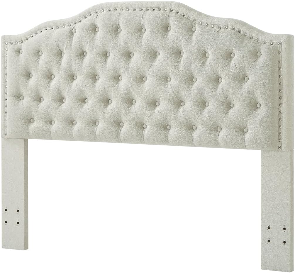 24KF Upholstered Button Tufted Queen Headboard with Nailhead Trim, Elegant Boucle Fabric Full headboard, 6031-Q-Boucle-Beige