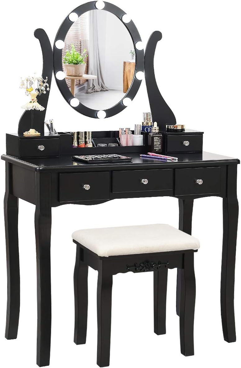 CHARMAID Makeup Vanity Table with Lighted Mirror, Vanity Desk with 10 LED Lights, Adjustable Brightness, 5 Drawers and Removable Storage Organizer, Bedroom Dressing Table with Stool (Black)