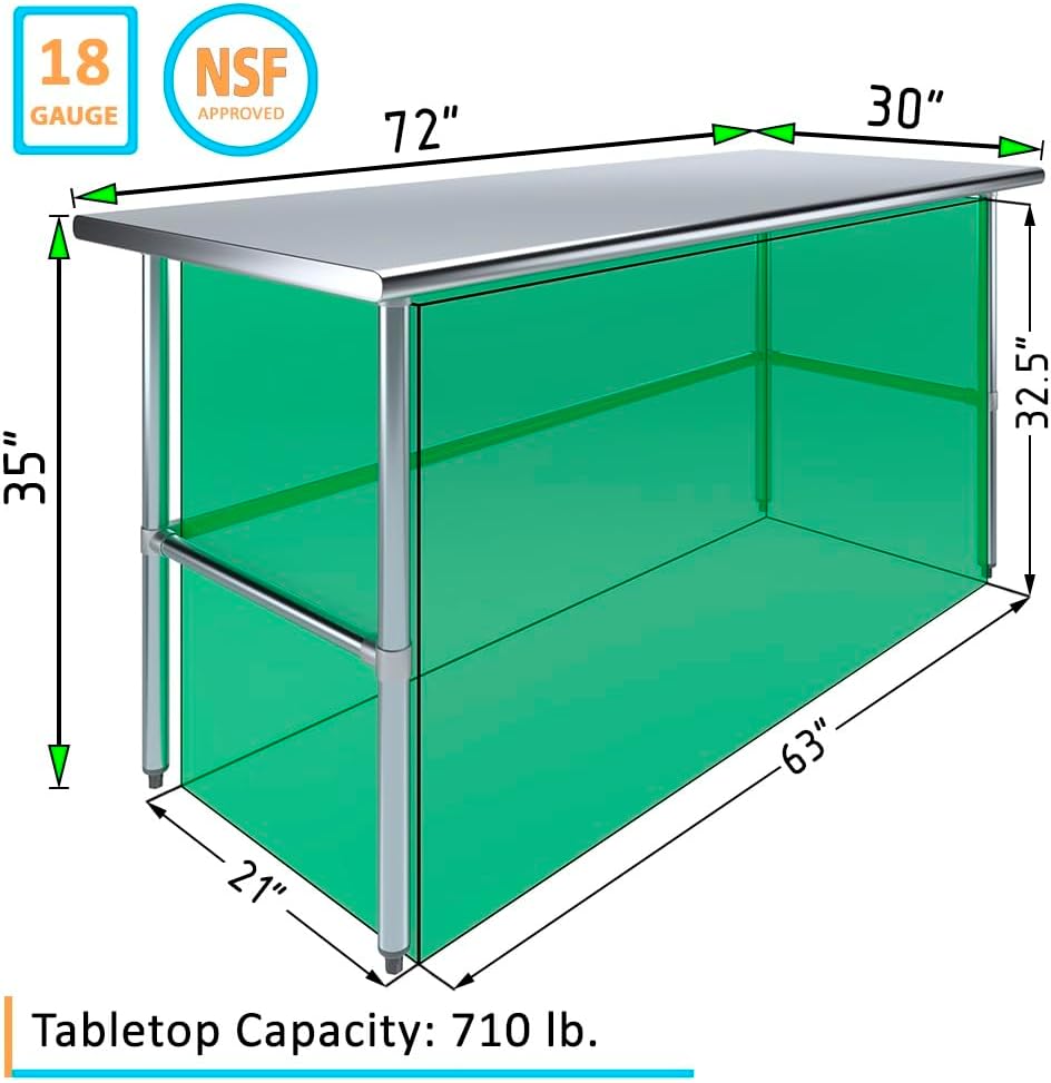 72' x 30' Open Base Stainless Steel Work Table – NSF Certified Heavy Duty Commercial Prep Table with Galvanized Legs for Kitchens, Restaurants & Garages