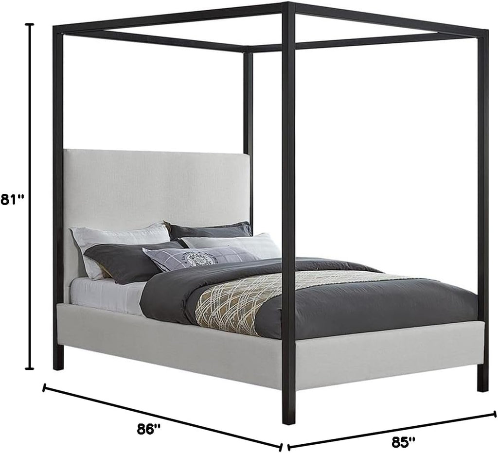 Meridian Furniture JamesBeige-K James Collection Modern | Contemporary King Bed with Cream Linen Textured Fabric, Matte Black Steel Canopy, Full Slats, 81' W x 85' D x 86' H, Cream, King