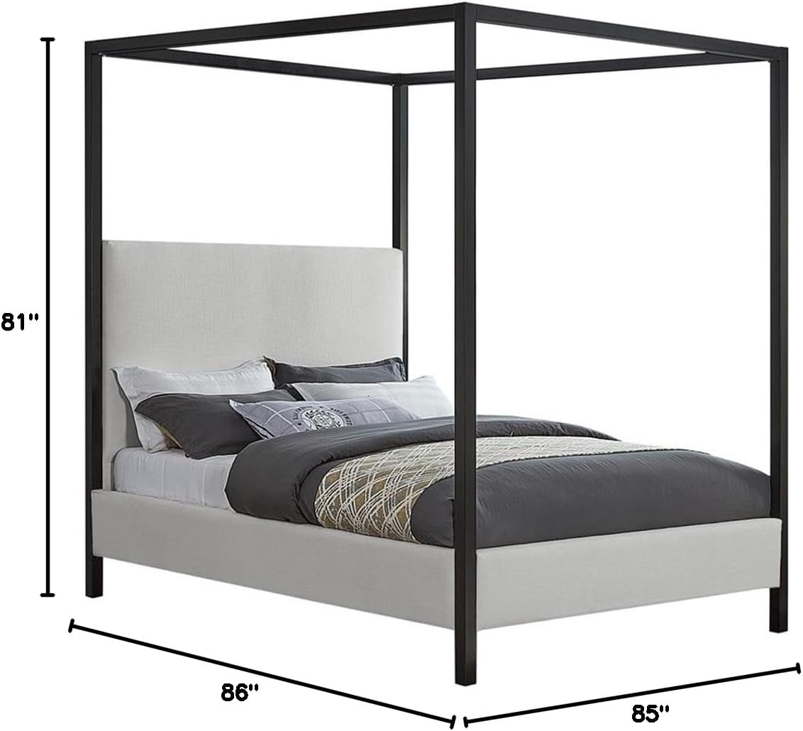 Meridian Furniture JamesBeige-K James Collection Modern | Contemporary King Bed with Cream Linen Textured Fabric, Matte Black Steel Canopy, Full Slats, 81' W x 85' D x 86' H, Cream, King