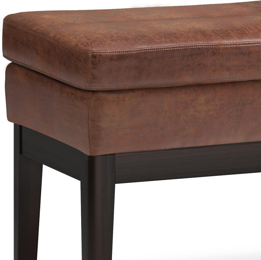 SIMPLIHOME Carlson Ottoman Bench - 45 inch Wide Upholstered Vegan Leather Rectangle Ottoman in Distressed Saddle Brown, Mid Century Modern Bench for Bedroom or Living Room with Padded Seat