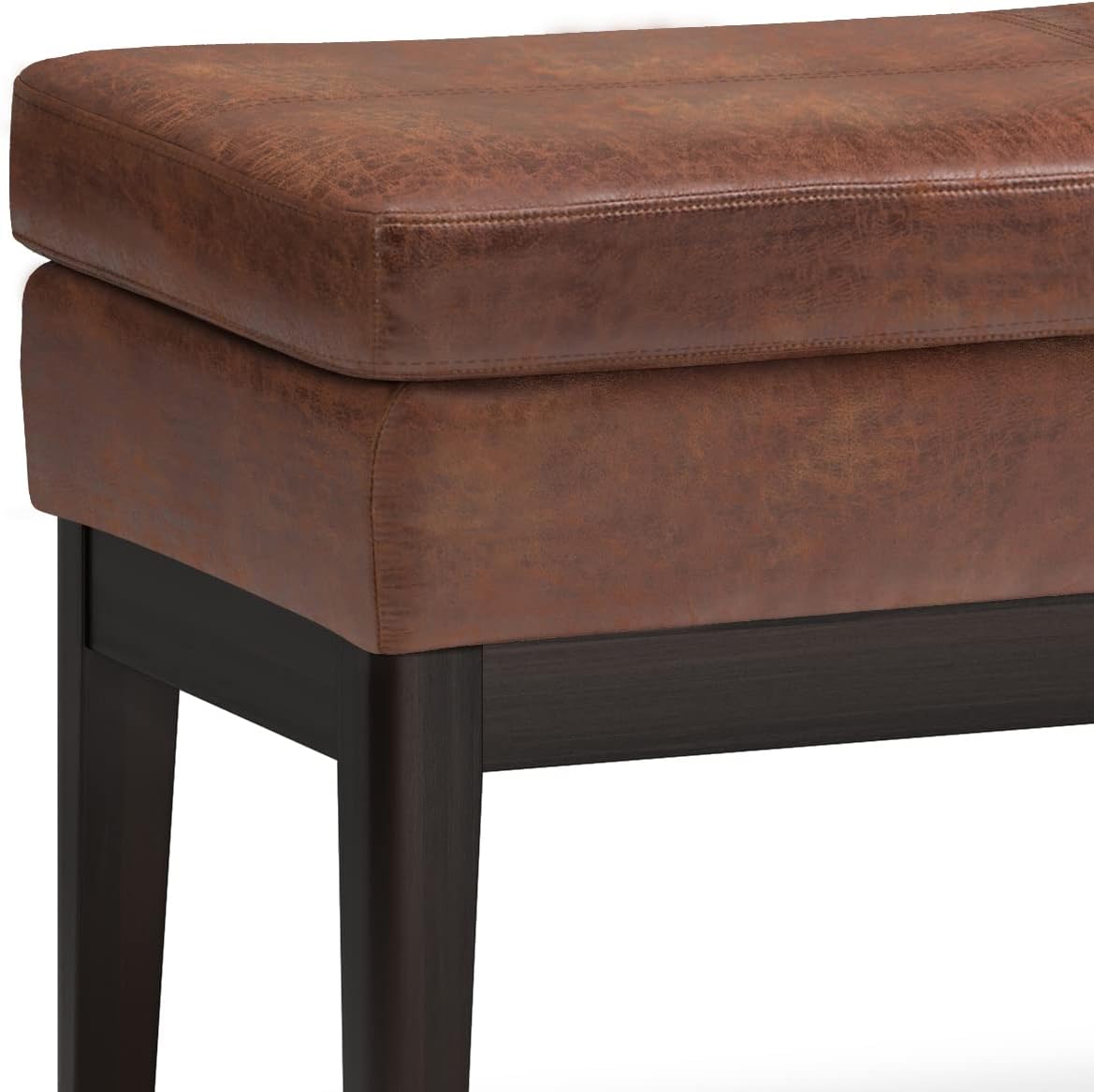 SIMPLIHOME Carlson Ottoman Bench - 45 inch Wide Upholstered Vegan Leather Rectangle Ottoman in Distressed Saddle Brown, Mid Century Modern Bench for Bedroom or Living Room with Padded Seat