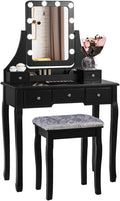 COSTWAY Vanity Desk Set with Lighted Mirror, 360° Swivel Vanity Mirror Desk with 10 LED Bulbs, Makeup Dressing Table with 5 Drawers, Vanity Table with Cushioned Stool for Bedroom, Women, Girls (Black)