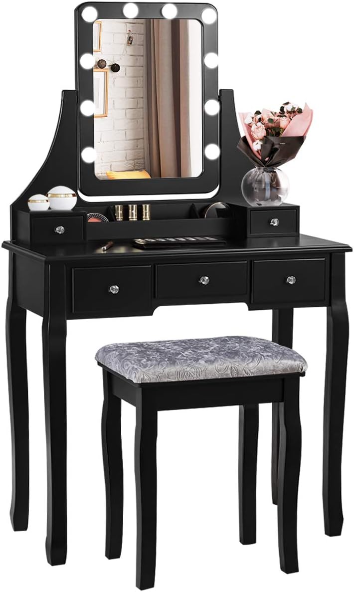 COSTWAY Vanity Desk Set with Lighted Mirror, 360° Swivel Vanity Mirror Desk with 10 LED Bulbs, Makeup Dressing Table with 5 Drawers, Vanity Table with Cushioned Stool for Bedroom, Women, Girls (Black)