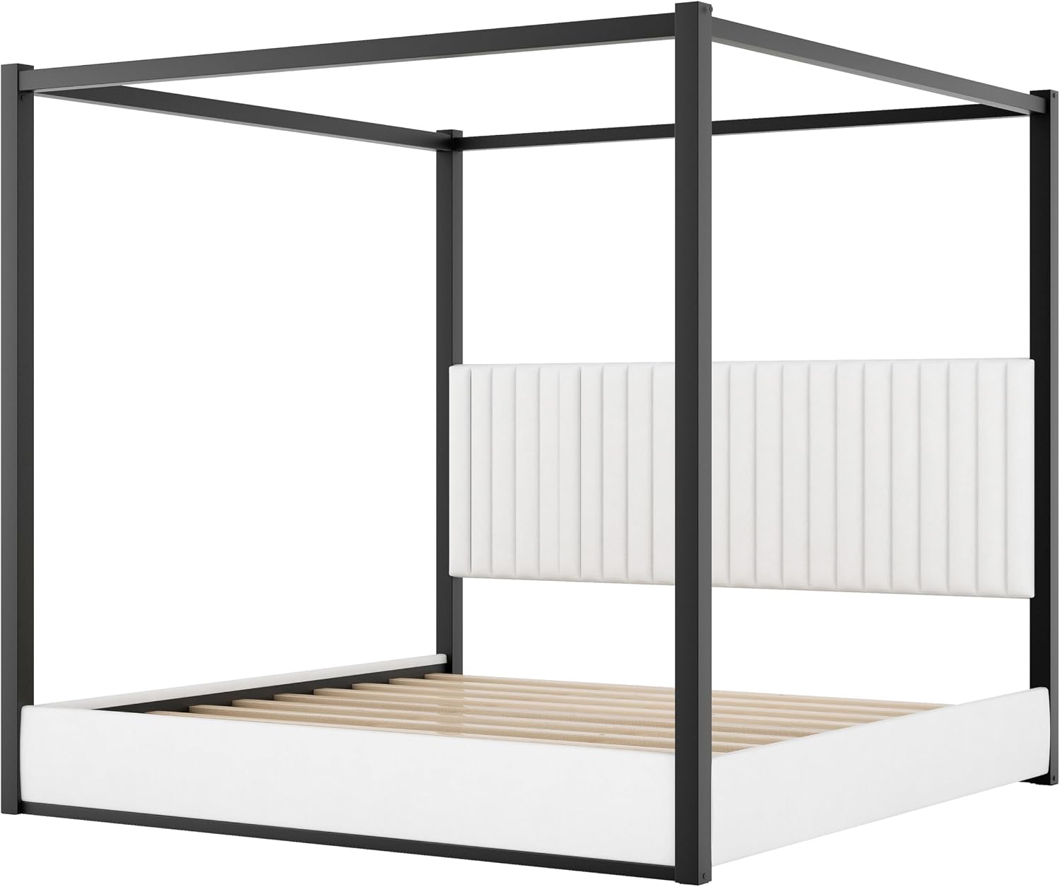 LUMISOL King Size Metal Canopy Bed Frame, 4 Poster Bed with Tall Upholstered Headboard, Velvet Upholstered Canopy Platform Bed, No Box Spring Needed, Black + White