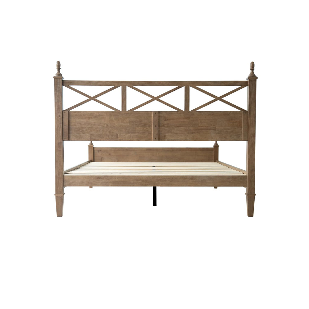 Queen Size Platform Bed Frame, Solid Wood with Headboard & Footboard, Center Metal Legs, 12 Strong Slatted Base, Anti-Noise & Slip-Free, Easy Assembly, No Box Spring Needed, Barnwood Finish RIQ-30