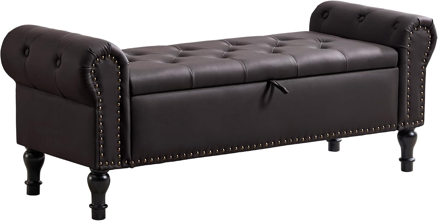 51' Storage Bench for Bedroom, Faux Leather End of Bed Bench, Queen Size Bench with Rolled Arms, Tufted Storage Ottoman Benches, Upholstered Bench for Bedroom, Living Room, Entryway, Dark Brown