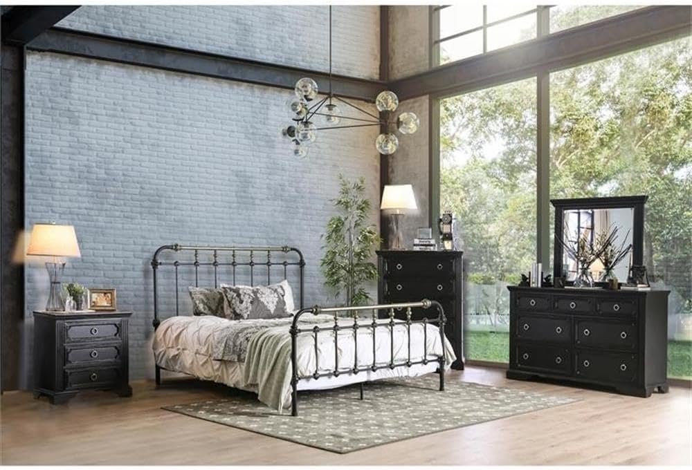BOWERY HILL King Size Spindle Bed with Headboard and Footboard, Platform in Metal, in Black, Easy Assembly, Up to 600 lbs Weight Capacity
