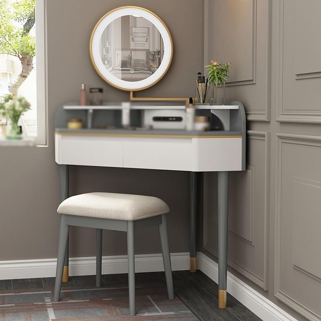 Makeup Table Vanity Dressing Table, Corner Bedroom Dressing Table, Light Luxury Lighted Mirror, Triangular Dressing Table Vanity Desk