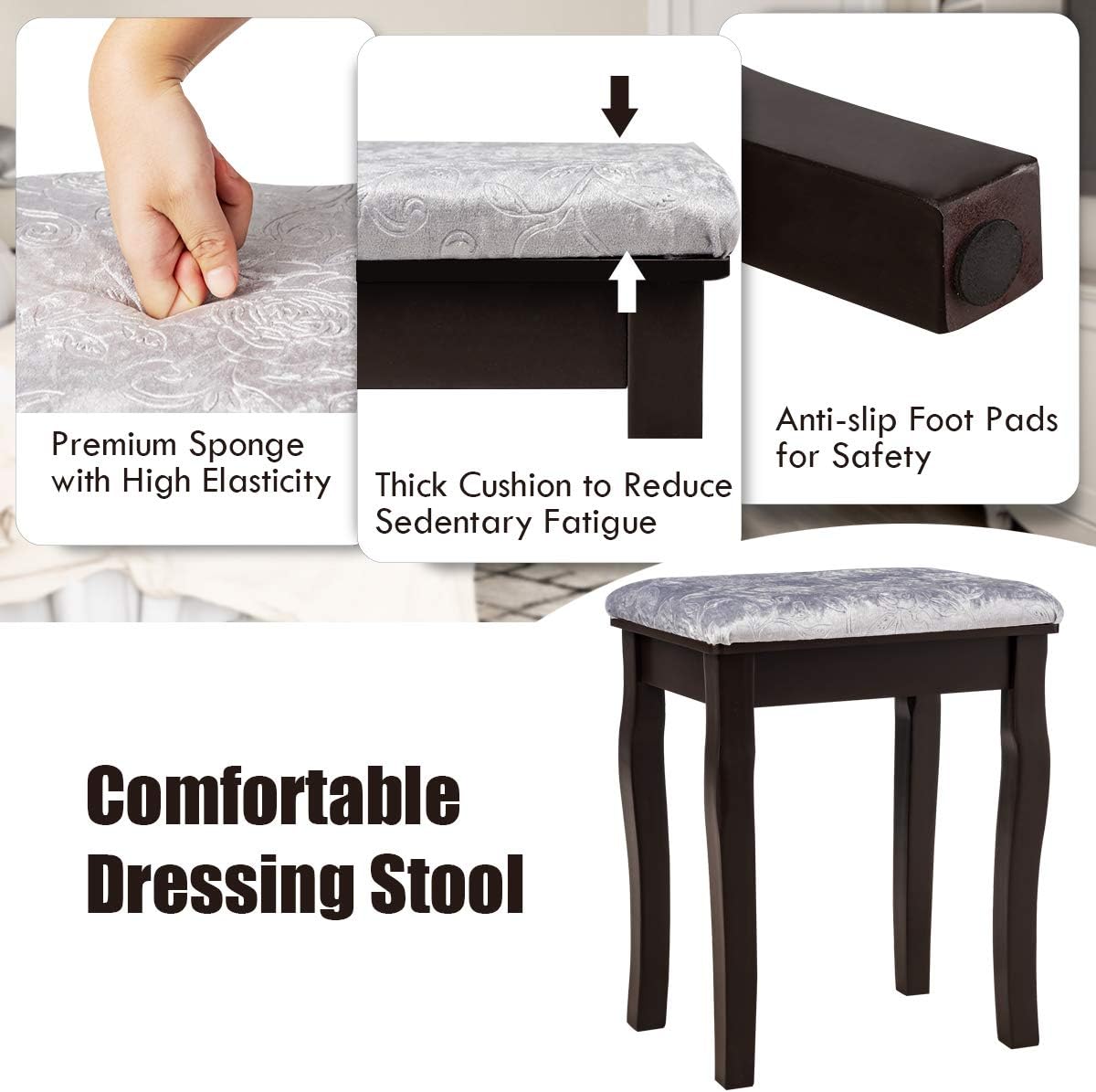 DORTALA Vanity Table Set w/ 360-Degree Rectangular Mirror & Cushioned Stool, Makeup Table w/ 10 LED Dimmable Bulbs, Bedroom Wood Dressing Table w/ 5 Drawers & Removable Box Organizer, Brown