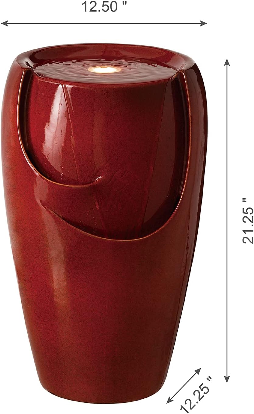 Glitzhome 21.25' H Ceramic Vase Outdoor Water Fountain Tall Patio Garden Water Fountain with LED Light and Submersible Pump Yard Art Decor, Red