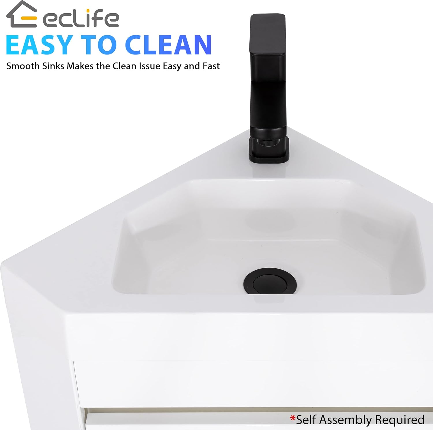eclife 22' Corner Bathroom Vanity Sink Combo for Small Space Wall Mounted Floating Cabinet with White Resin Sink and Matte Black Faucet, White