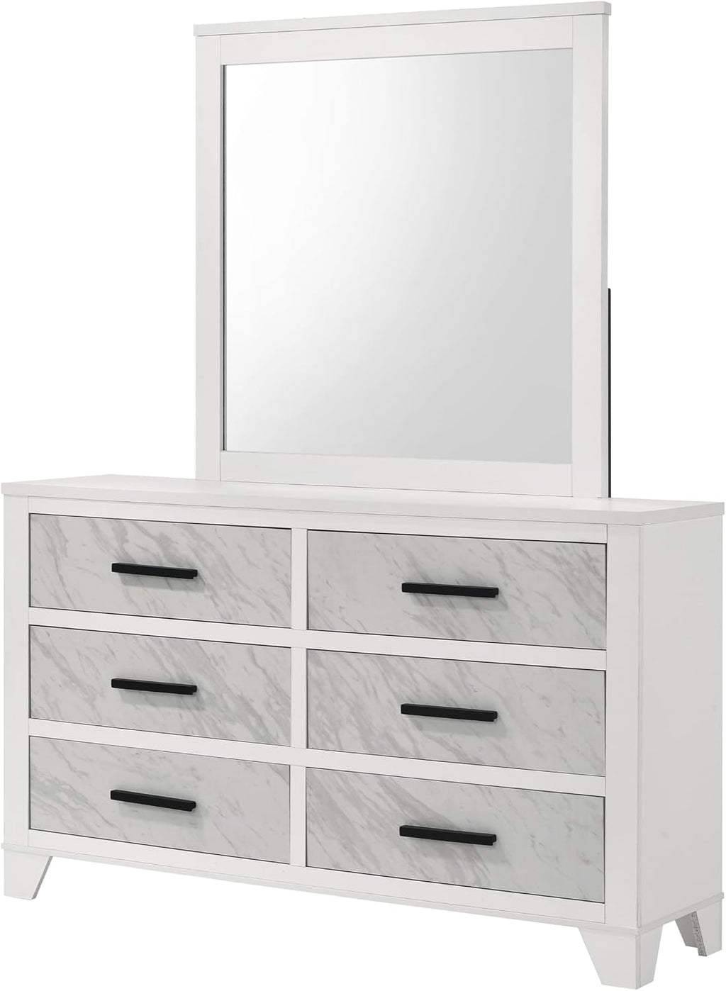 Furniture of America Anton Modern Solid Wood 4-Piece Bedroom Set with Faux Marble Headboard Bed, Metal Center Glide on Nightstand and Dresser with Mirror, Box Spring Needed for Bedroom, Full, White