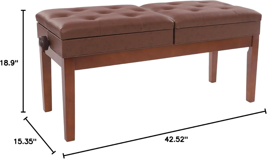 Adjustable Duet Piano Bench with Storage, Wood Keyboard Stool with PU Leather Padded Cushion, Double Seater Piano Chair with High-Density Sponge for Piano, Vanity, Living Room (Brown)