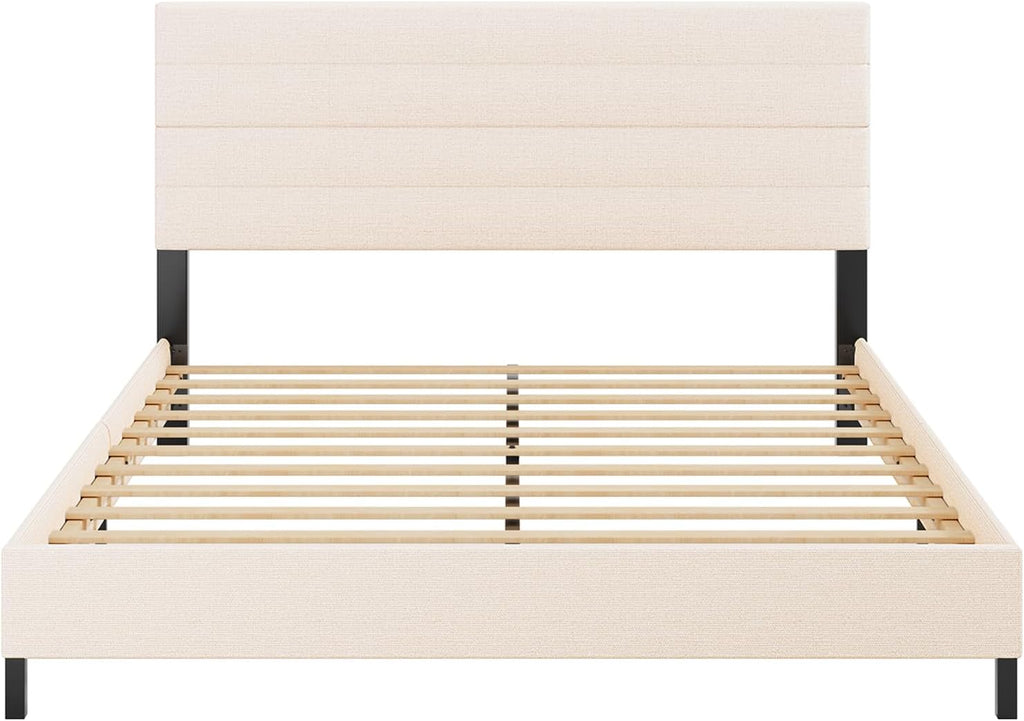Furnihome Queen Bed Frame, Modern Upholstered Bed Frame with Adjustable Linen Headboard, Wooden Slats Support Platform Queen Size Bed Frames, No Box Spring Needed,Easy Assembly,Beige